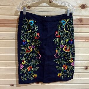 Anthropologie Navy Embroidered Floral Pencil Skirt
